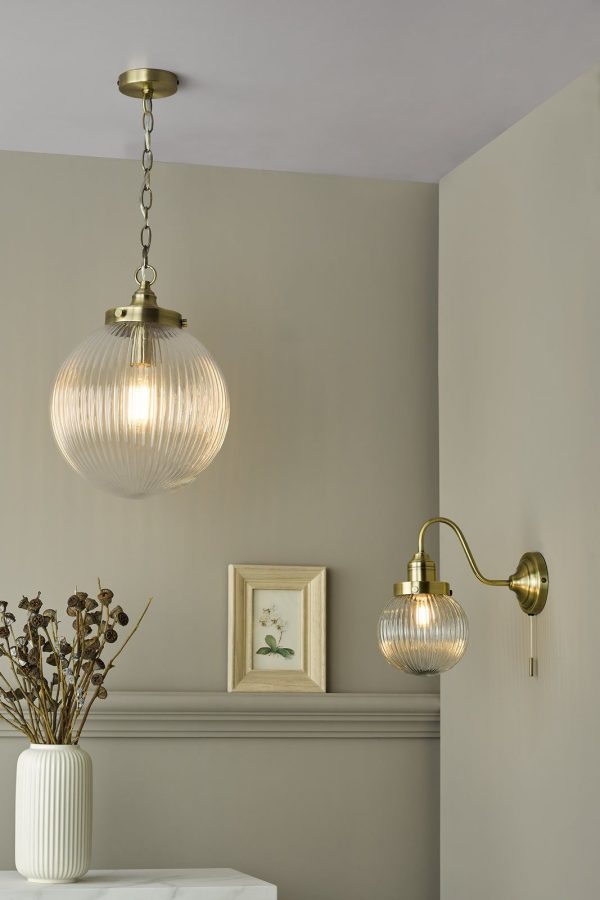 Tamara 1 Light Single Pendant Antique Brass Ribbed Glass - Image 8