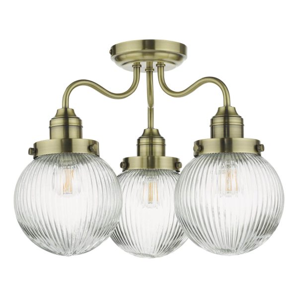 Tamara 3 Light Bathroom Semi Flush Antique Brass Ribbed Glass IP44 - Image 2