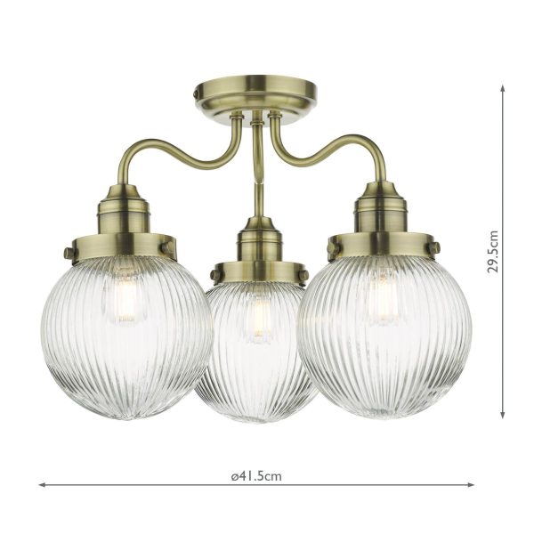 Tamara 3 Light Bathroom Semi Flush Antique Brass Ribbed Glass IP44 - Image 6