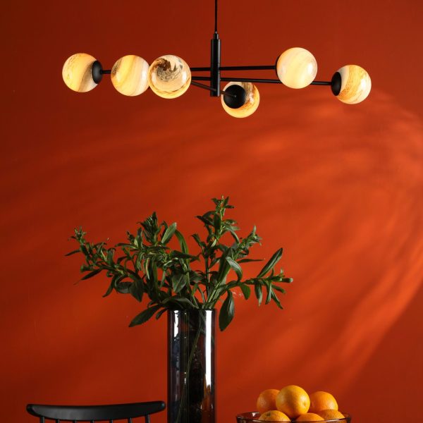 Vignette 6 Light Pendant Matt Black & Planet Style Glass - Image 2