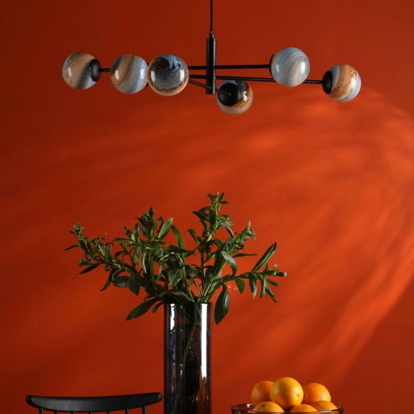 Vignette 6 Light Pendant Matt Black & Planet Style Glass - Image 3