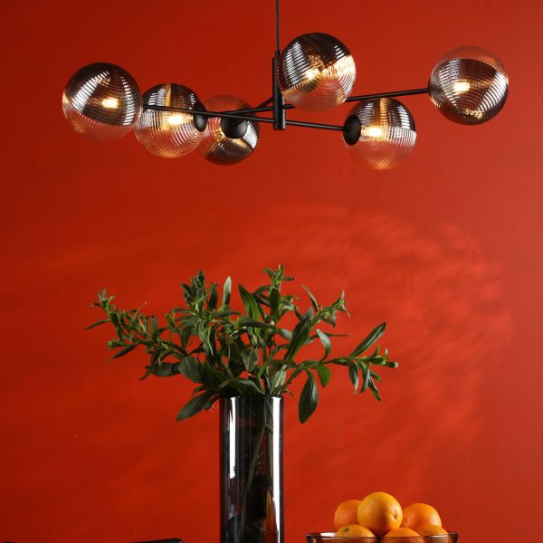 Vignette 6 Light Pendant Matt Black & Smoked/Clear Ribbed Glass - Image 2