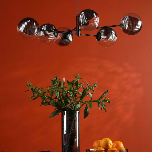 Vignette 6 Light Pendant Matt Black & Smoked/Clear Ribbed Glass - Image 3