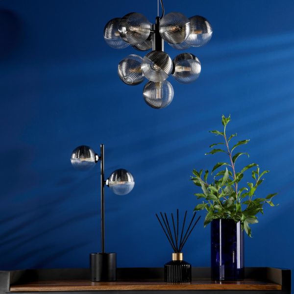 Vine 10 Light Pendant Satin Black & Smoked/Clear Ribbed Glass - Image 3