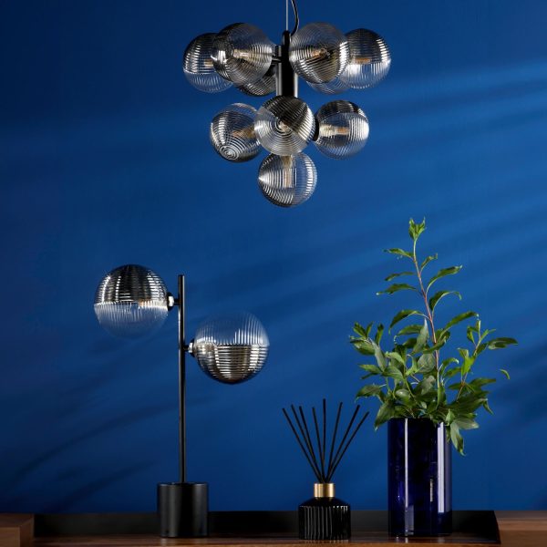 Vine 10 Light Pendant Satin Black & Smoked/Clear Ribbed Glass - Image 5