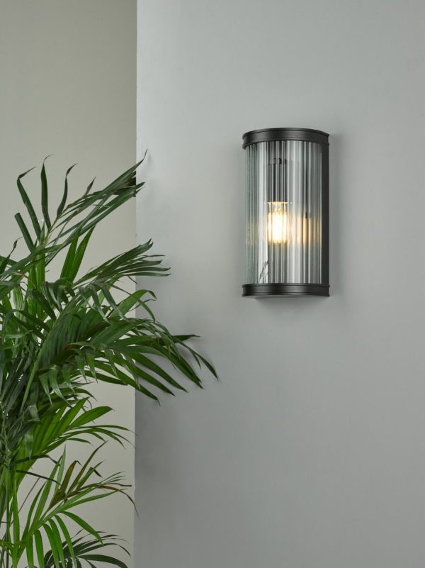 Anund Bathroom Wall Light Matt Black Ribbed Glass IP44 - Image 3